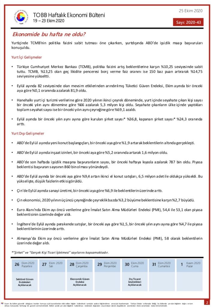 TOBB Haftalık Ekonomi Bülteni 19-23 Ekim