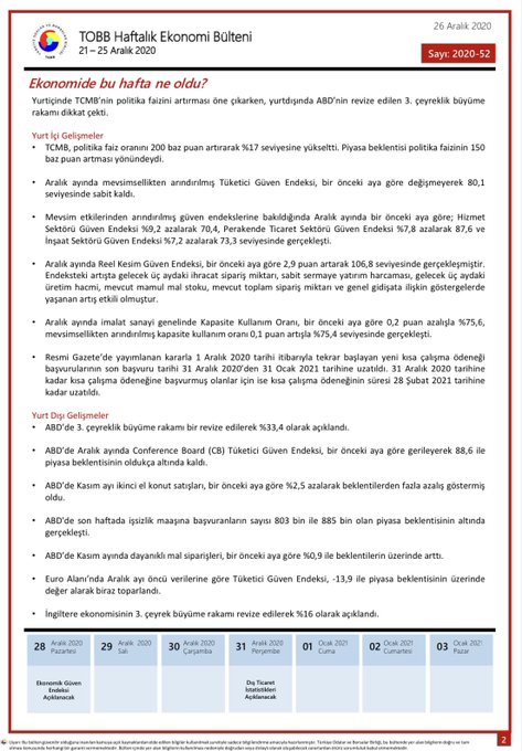 TOBB Haftalık Ekonomi Bülteni 21-25 Aralık 2020