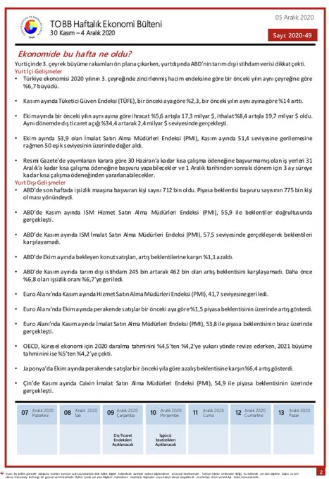 TOBB Haftalık Ekonomi Bülteni 30 Kasım – 4 Aralık