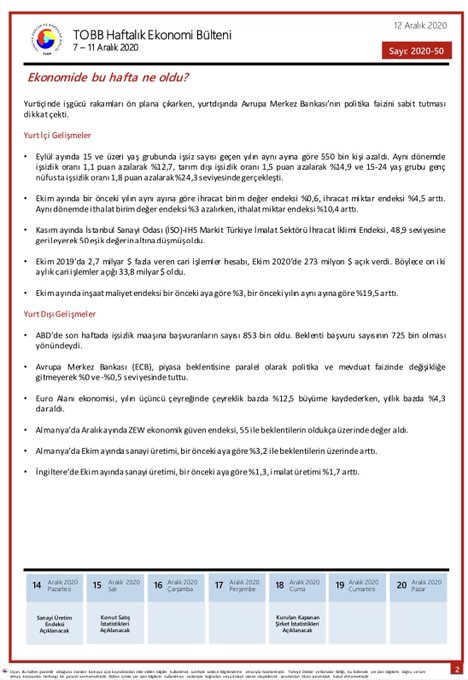 TOBB Haftalık Ekonomi Bülteni 7-11 Aralık