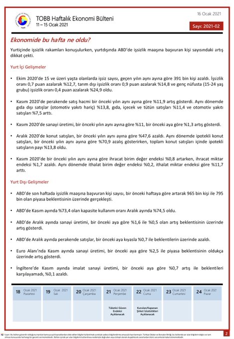 TOBB Haftalık Ekonomi Bülteni 11-15 Ocak 2021