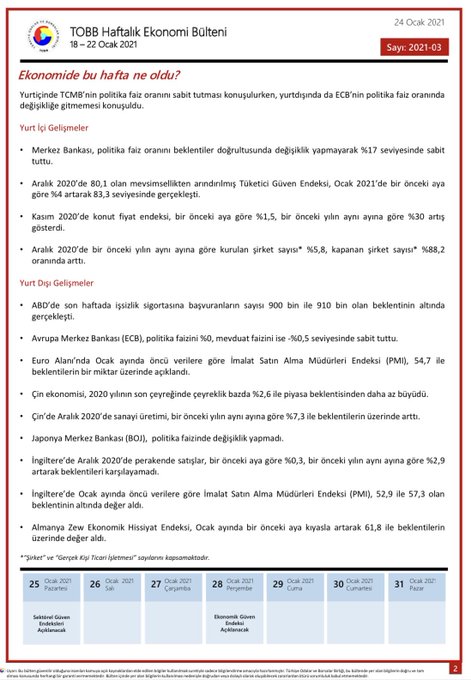 TOBB Haftalık Ekonomi Bülteni 18 Ocak 2021