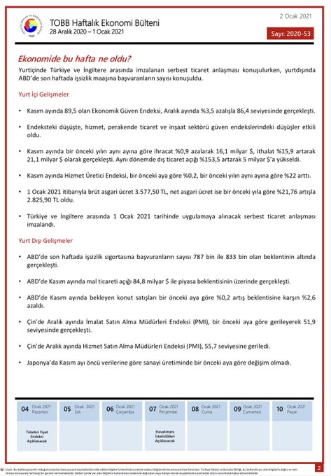 TOBB Haftalık Ekonomi Bülteni 28 Aralık-1 Ocak