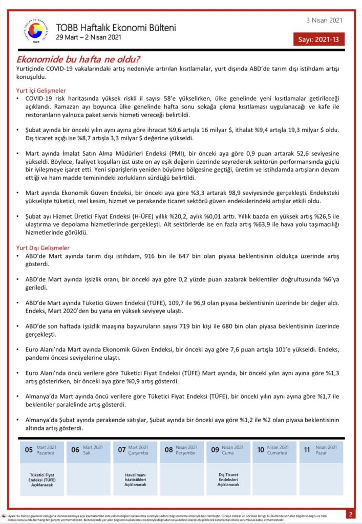 TOBB Haftalık Ekonomi Bülteni 29 Mart-2 Nisan