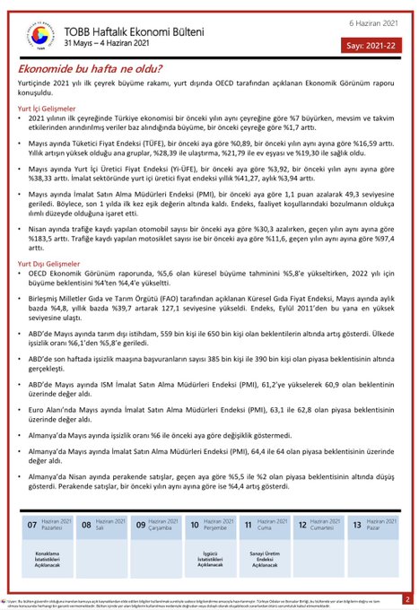 TOBB Haftalık Ekonomi Bülteni 31 Mayıs – 4 Hzr.
