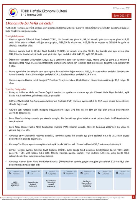 TOBB Haftalık Ekonomi Bülteni 5-9 Temmuz 2021