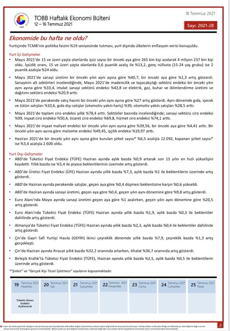 TOBB Haftalık Ekonomi Bülteni 12-16 Temmuz