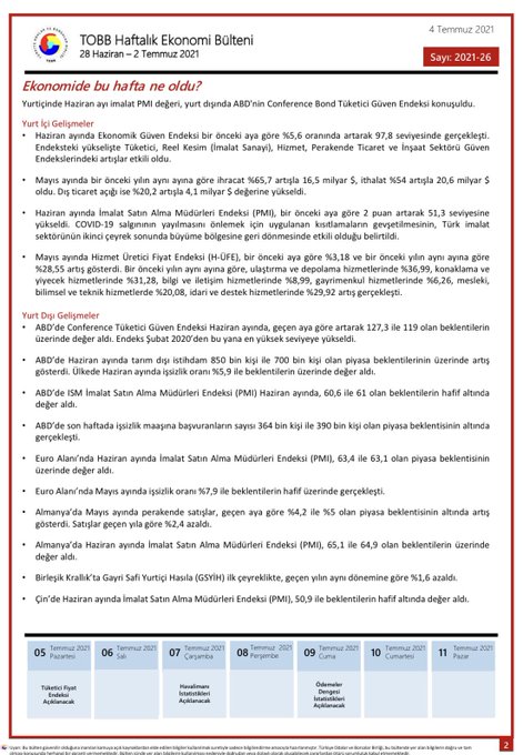 TOBB Haftalık Ekonomi Bülteni 28 Haziran-2 Tem.
