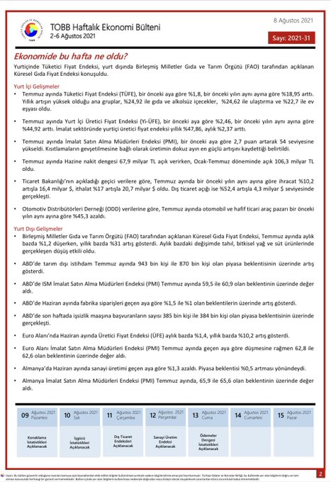 TOBB Haftalık Ekonomi Bülteni 2-6 Ağustos