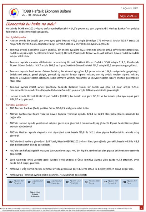 TOBB Haftalık Ekonomi Bülteni 26-30 Temmuz