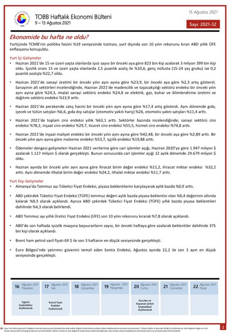 TOBB Haftalık Ekonomi Bülteni 9-13 Ağustos 2021