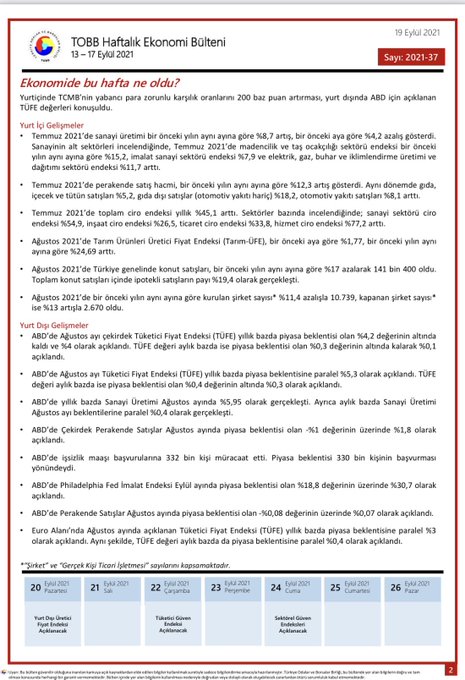 TOBB Haftalık Ekonomi Bülteni 13-17 Eylül 2021