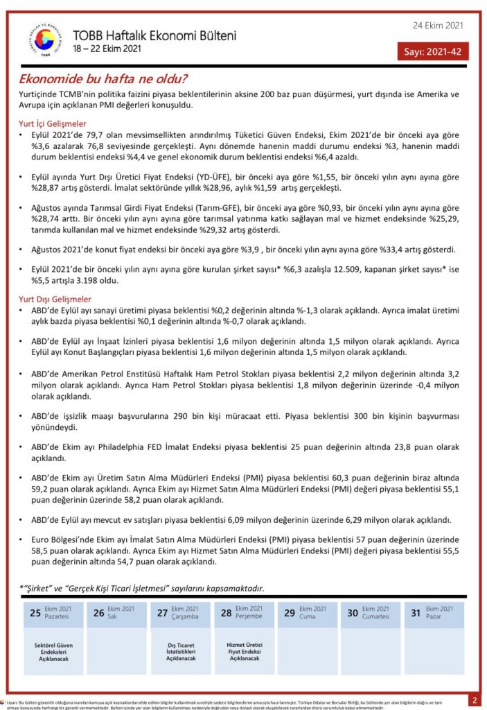 TOBB Haftalık Ekonomi Bülteni 18-22 Ekim 2021