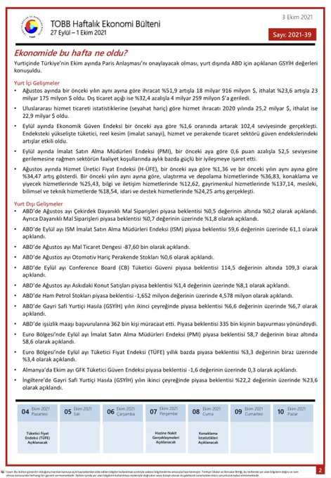 TOBB Haftalık Ekonomi Bülteni 27 Eylül – 1 Ekim