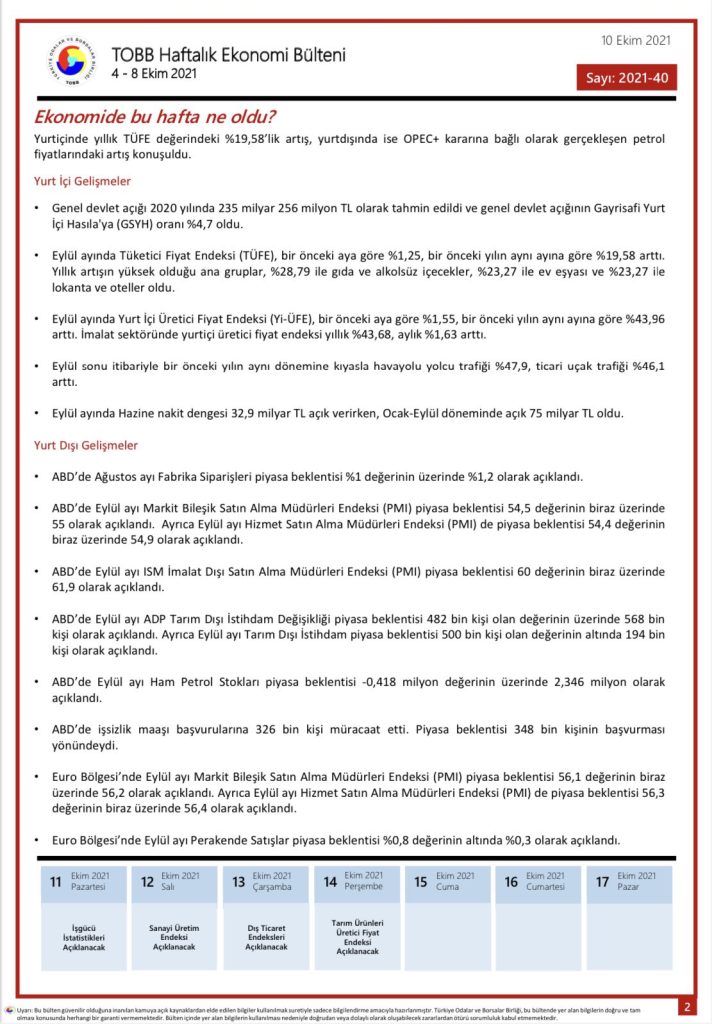 TOBB Haftalık Ekonomi Bülteni 4 – 8 Ekim 2021