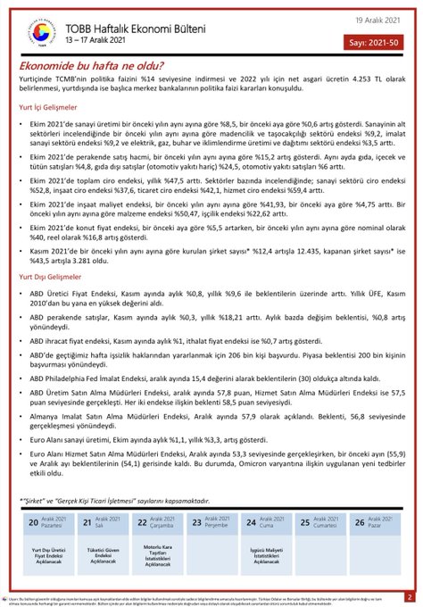 TOBB Haftalık Ekonomi Bülteni 13-17 Aralık 2021