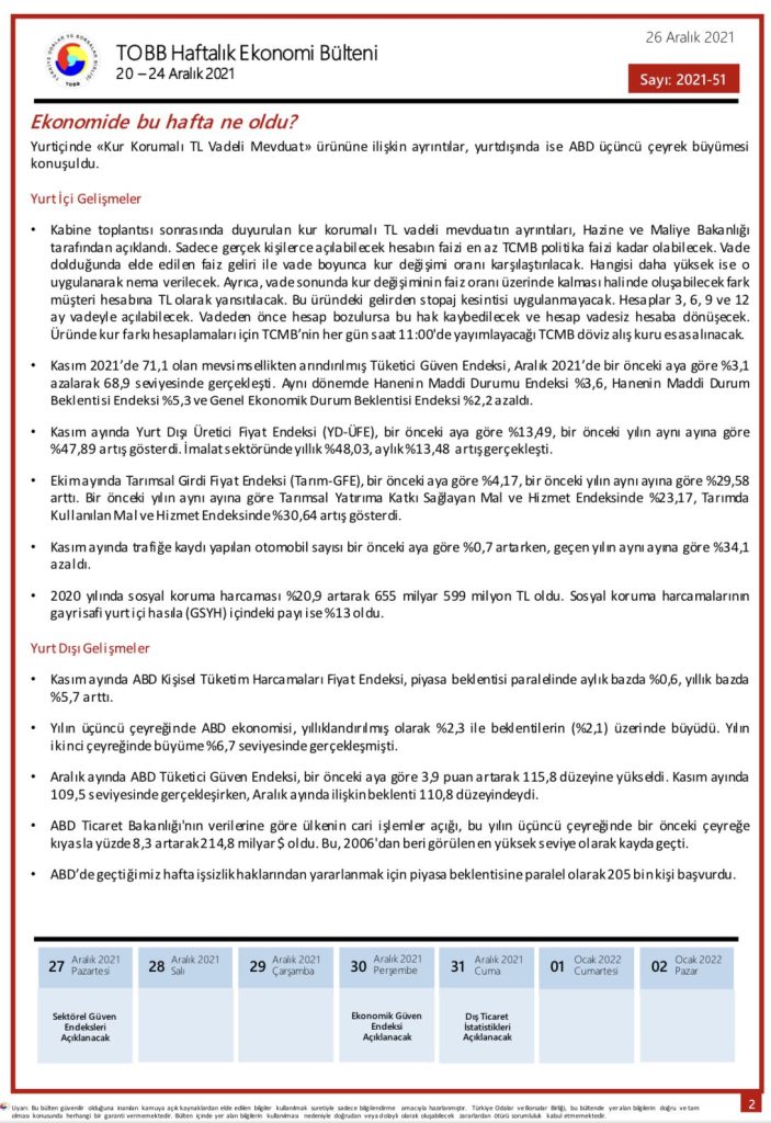 TOBB Haftalık Ekonomi Bülteni 20-24 Aralık 2021