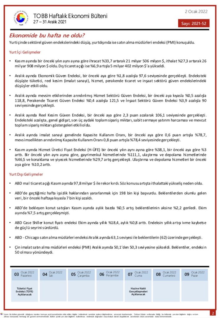 TOBB Haftalık Ekonomi Bülteni 27-31 Aralık 2021