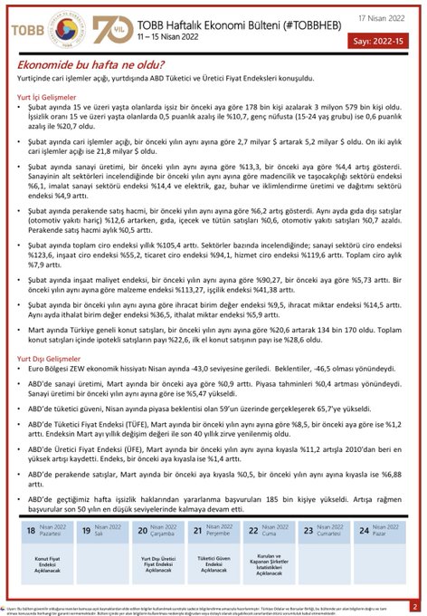 TOBB Haftalık Ekonomi Bülteni 11-15 Nisan 2022