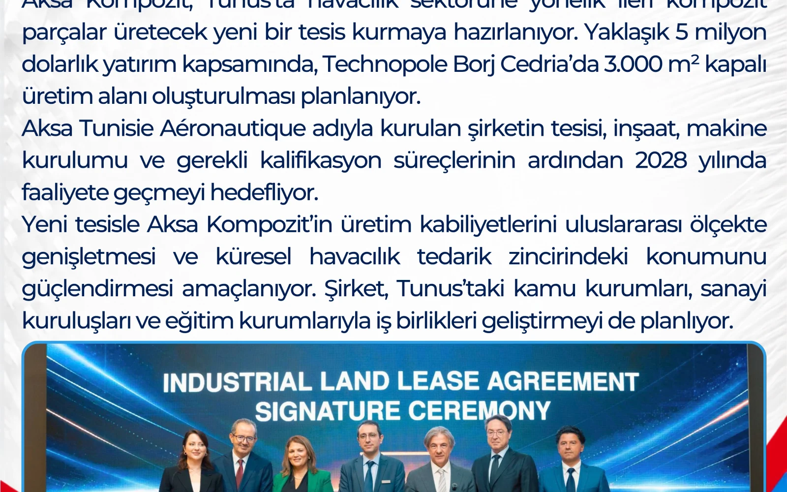 Aksa Kompozit’ten Tunus’a 5 Milyon Dolarlık Havacılık Yatırımı